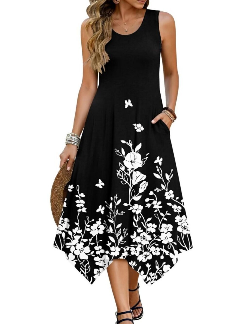 Hotouch Women's Floral Black Stylish Sleeveless Sundress Hankerchief Beach Dress
